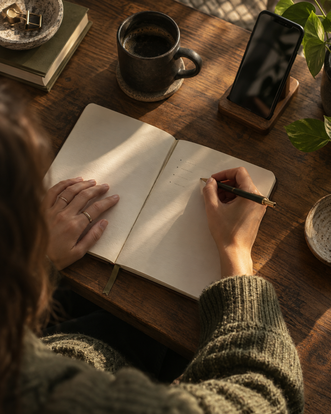 Illustration of a creator writing an outline in a notebook